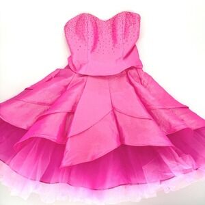 VTG Morgan & Co Pink Y2K Prom Dress Beaded Corset Tiered Ruffle Barbiecore 1/2